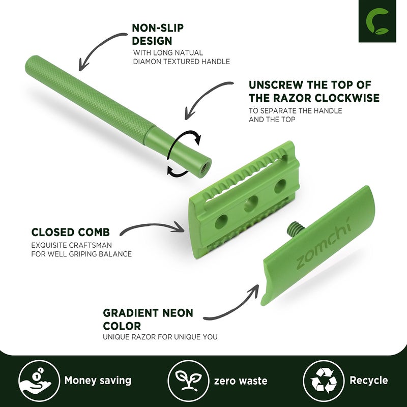 ZOMCHI Women Safety Razor With 5 Double Edge Blades, Metal Single Blade, Reusable & Plastic Free - Fern Green - Image 2