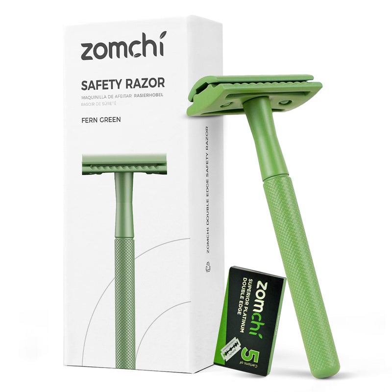 ZOMCHI Women Safety Razor With 5 Double Edge Blades, Metal Single Blade, Reusable & Plastic Free - Fern Green - Image 1
