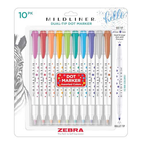Zebra Pen Mildliner DualTip Dot Stamp Marker WaterBased Pigment Ink Create Small and Large Bullets Dots Ten Assorted Colors Ideal for Journaling and Bulleted Lists 10Pack 73310 - Image 1