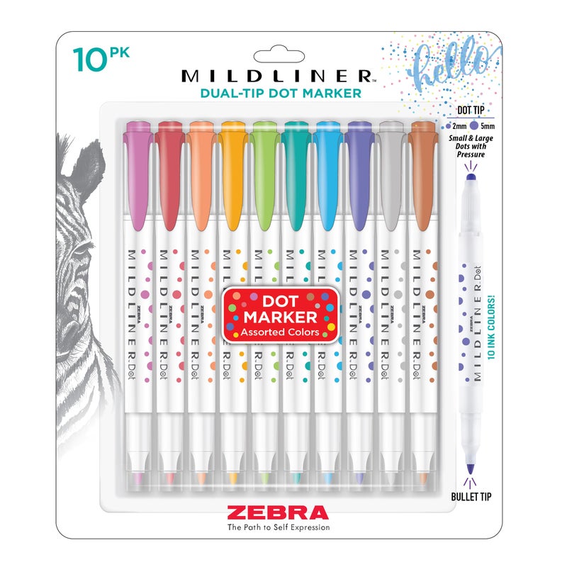 Zebra Pen Mildliner DualTip Dot Stamp Marker WaterBased Pigment Ink Create Small and Large Bullets Dots Ten Assorted Colors Ideal for Journaling and Bulleted Lists 10Pack 73310 - Image 2
