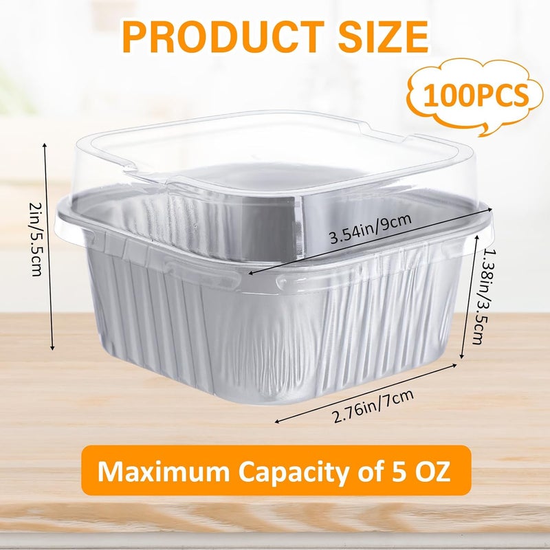 Skylety 100 Pcs 5 oz Mini Square Baking Pan with Lid Aluminum Foil Cupcake Pan Brownie Baking Cup Disposable Ramekins Individual Tin Dessert Containers for Kitchen, Food Grade Material (Silver) - Image 2