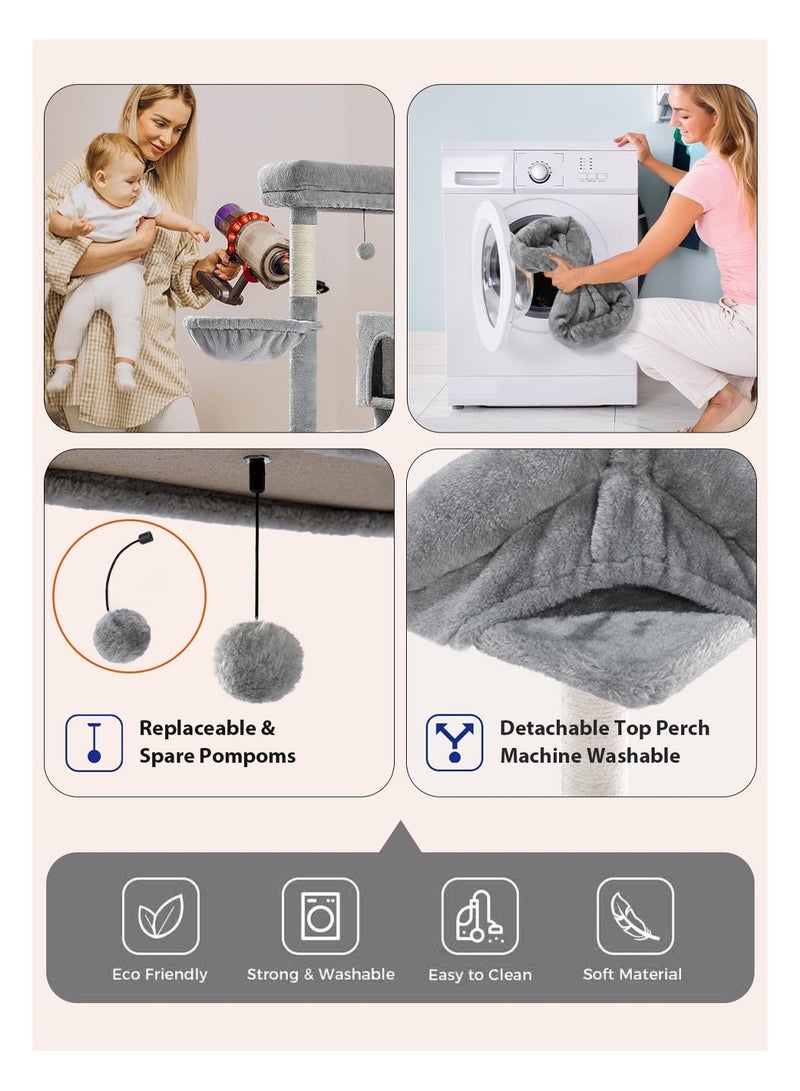 ليوكور شجرة القط ، برج القط متعدد المستويات مع أعمدة الخدش المغطاة بالسيسالة ، المرافق الفاخرة ، الهاراك والشقة للقطط ، إطار تسلق القط الكبير للقطط الداخلية ، رمادي (45x55x143cm) - Image 2