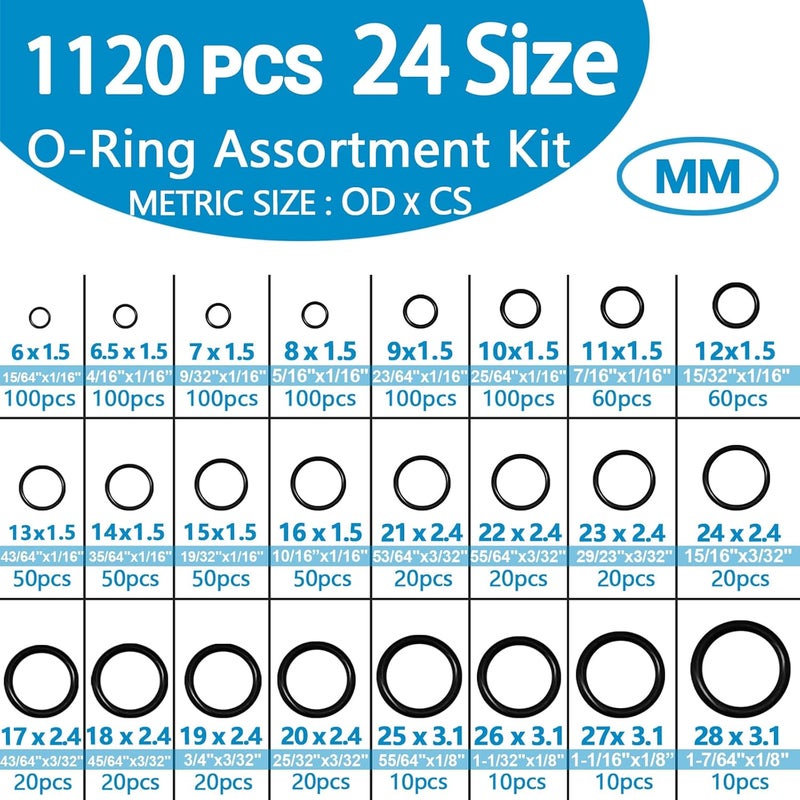ZDBB 24 Size Rubber O Ring Set1120 Pcs Black Small O Rings Assortment KitsAssorted Metric Sealing Washer for Auto Plumbing Faucet Water Air or Gas Repair - Image 2