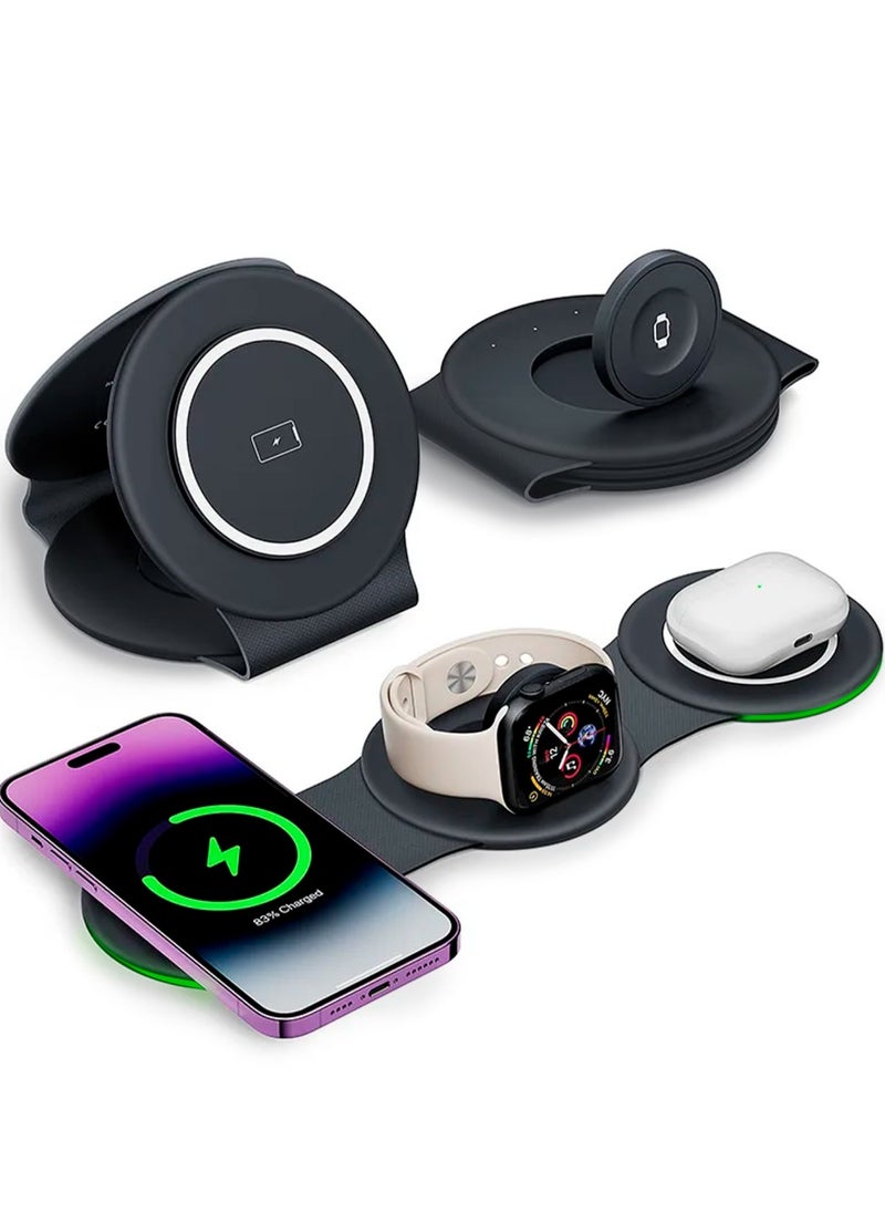 AMROAH - 3 in 1 Wireless Charger Foldable Pad, 18W Fast Magnetic All in One Travel Charging Station with Magsafe for iPhone 16/15/14/13/12/ Series for iWatch 8 7 6 5 4 3 2 SE for Airpods 3 2 Pro, Black - Image 1