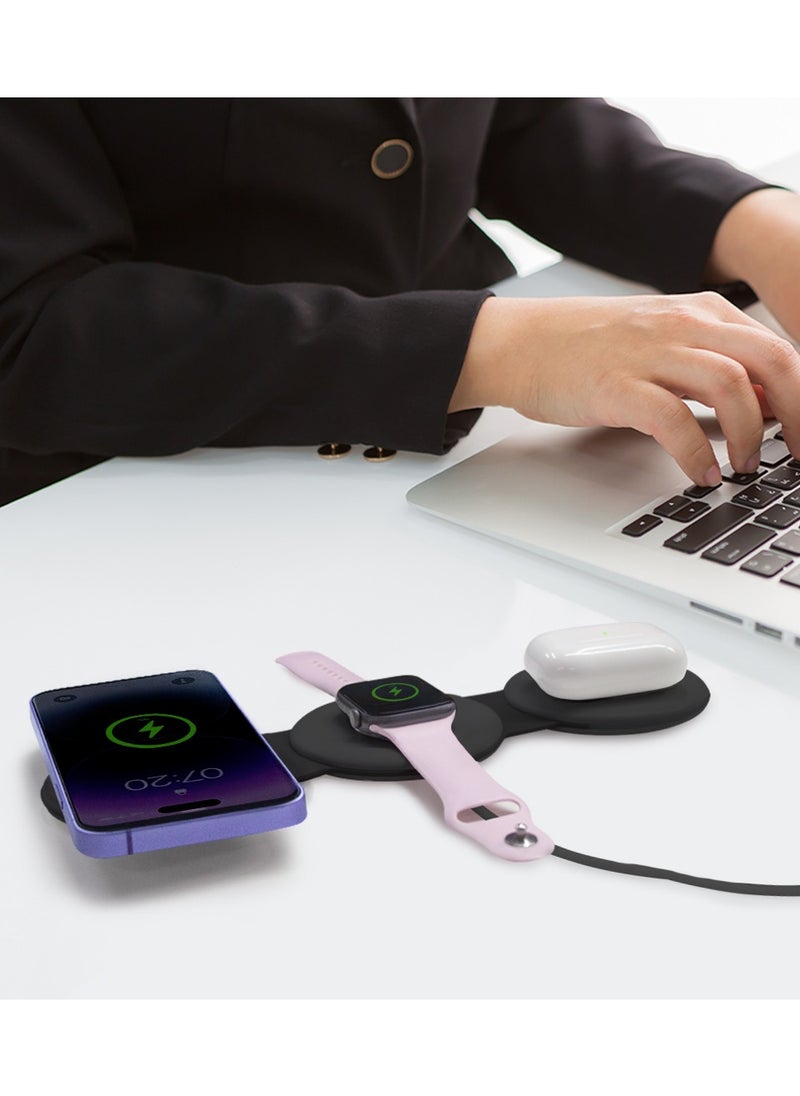 AMROAH - 3 in 1 Wireless Charger Foldable Pad, 18W Fast Magnetic All in One Travel Charging Station with Magsafe for iPhone 16/15/14/13/12/ Series for iWatch 8 7 6 5 4 3 2 SE for Airpods 3 2 Pro, Black - Image 1