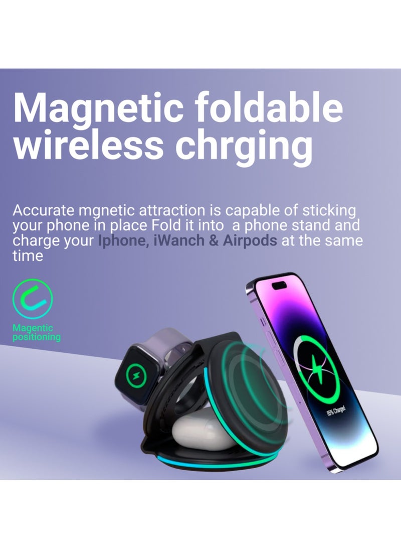 AMROAH - 3 in 1 Wireless Charger Foldable Pad, 18W Fast Magnetic All in One Travel Charging Station with Magsafe for iPhone 16/15/14/13/12/ Series for iWatch 8 7 6 5 4 3 2 SE for Airpods 3 2 Pro, Black - Image 1