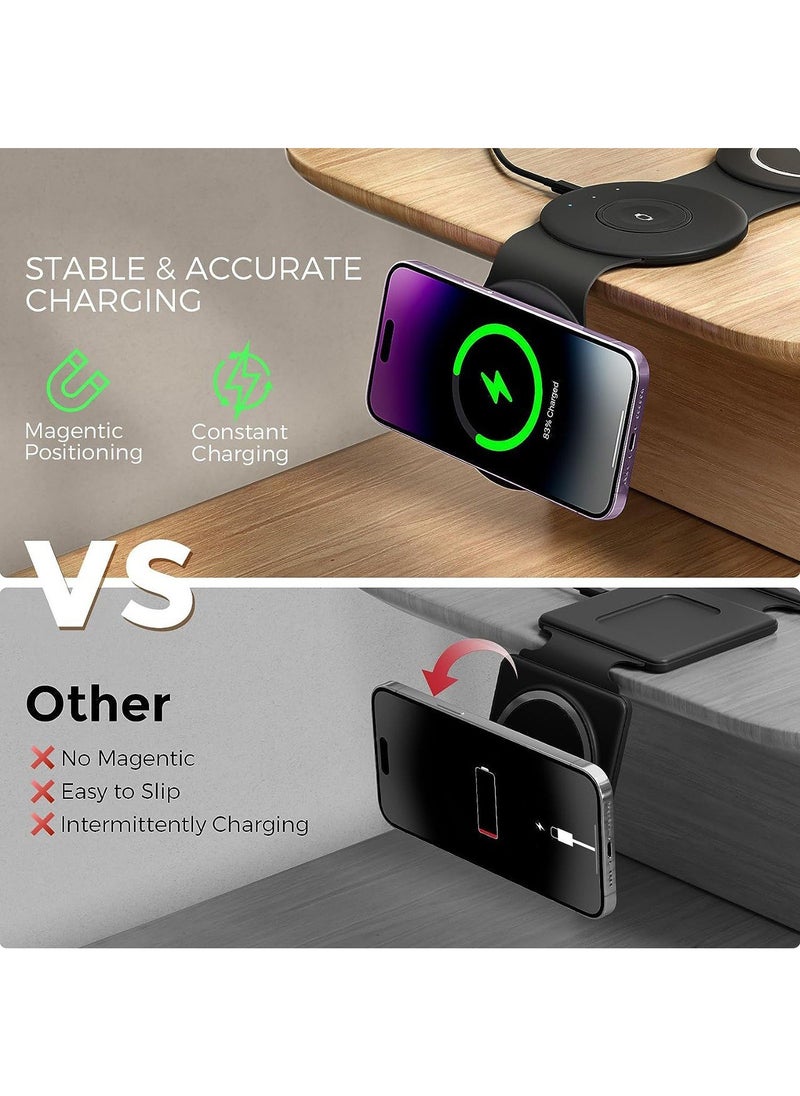AMROAH - 3 in 1 Wireless Charger Foldable Pad, 18W Fast Magnetic All in One Travel Charging Station with Magsafe for iPhone 16/15/14/13/12/ Series for iWatch 8 7 6 5 4 3 2 SE for Airpods 3 2 Pro, Black - Image 1