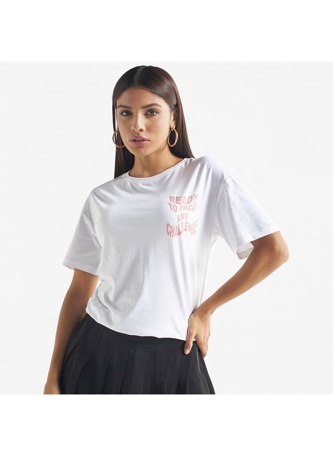 FAV Slogan Butterfly Print T-shirt with Crew Neck and Drop Shoulder Sleeves  - Image 3