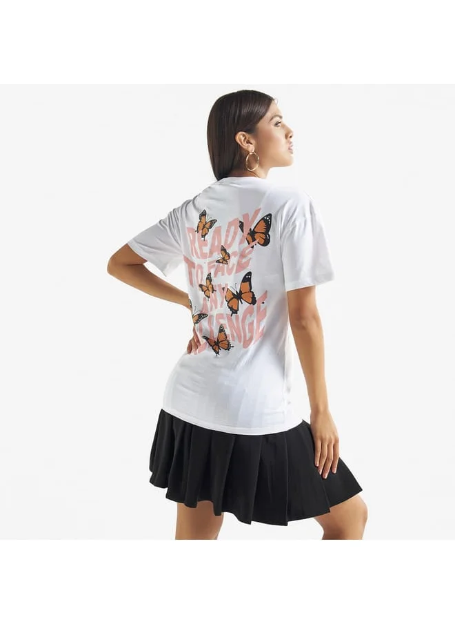 FAV Slogan Butterfly Print T-shirt with Crew Neck and Drop Shoulder Sleeves