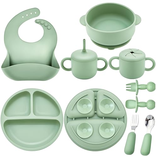 Bufims Silicone Baby Feeding Set, Baby Led Weaning Supplies, Eating Essentials Utensils with Suction Plate and Bowl, Pocket Bib, Sippy Cup with Lid, Forks Spoons Snack Container, for 6+ Months, Green - Image 1
