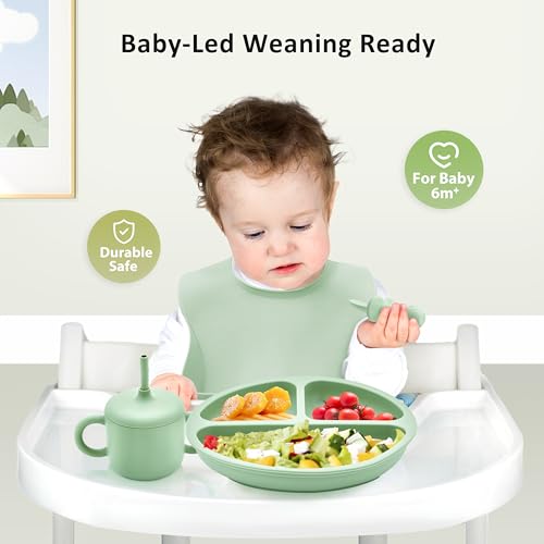 Bufims Silicone Baby Feeding Set, Baby Led Weaning Supplies, Eating Essentials Utensils with Suction Plate and Bowl, Pocket Bib, Sippy Cup with Lid, Forks Spoons Snack Container, for 6+ Months, Green - Image 2