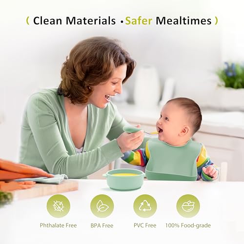 Bufims Silicone Baby Feeding Set, Baby Led Weaning Supplies, Eating Essentials Utensils with Suction Plate and Bowl, Pocket Bib, Sippy Cup with Lid, Forks Spoons Snack Container, for 6+ Months, Green - Image 3