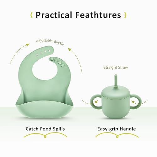 Bufims Silicone Baby Feeding Set, Baby Led Weaning Supplies, Eating Essentials Utensils with Suction Plate and Bowl, Pocket Bib, Sippy Cup with Lid, Forks Spoons Snack Container, for 6+ Months, Green - Image 4