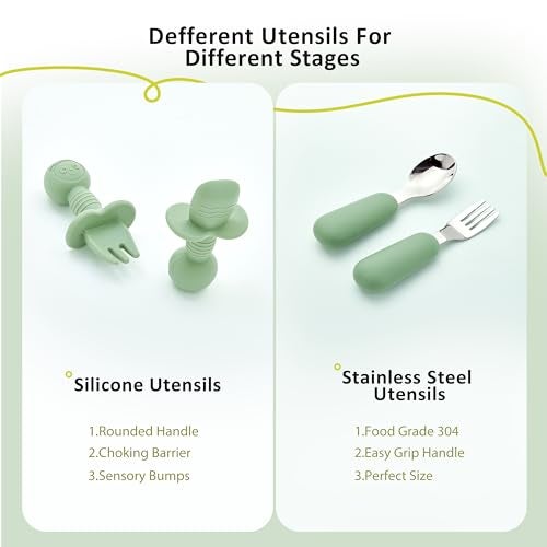 Bufims Silicone Baby Feeding Set, Baby Led Weaning Supplies, Eating Essentials Utensils with Suction Plate and Bowl, Pocket Bib, Sippy Cup with Lid, Forks Spoons Snack Container, for 6+ Months, Green - Image 5