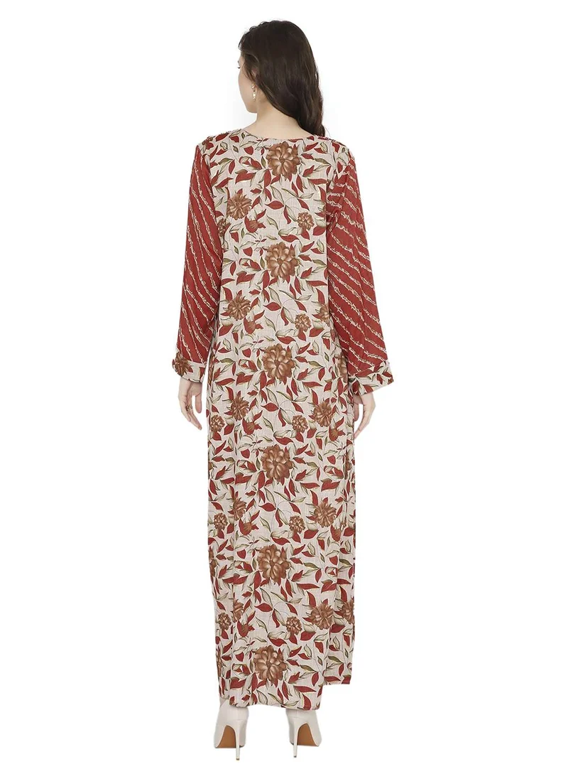 HANA & SARA UNIQUE THREAD EMBROIDERY WITH LONG PRINTED ARABIC KAFTAN JALABIYA DRESS