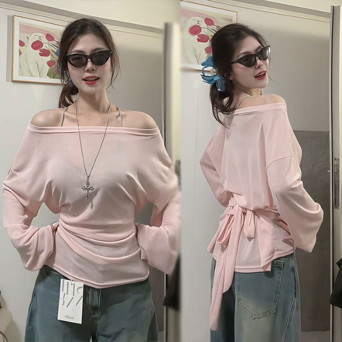 Summer Lightweight Sun Protection Blouse, Tulle Top, Women'S Suspender Two-Piece Set, Strappy Off-Shoulder One-Shoulder Outfit For Early Summer - Image 1