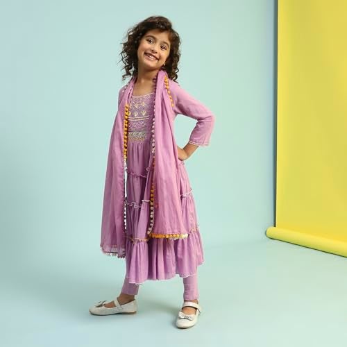 Biba Girls Violet Tiered Cotton Solid Kurta suit set - Image 3