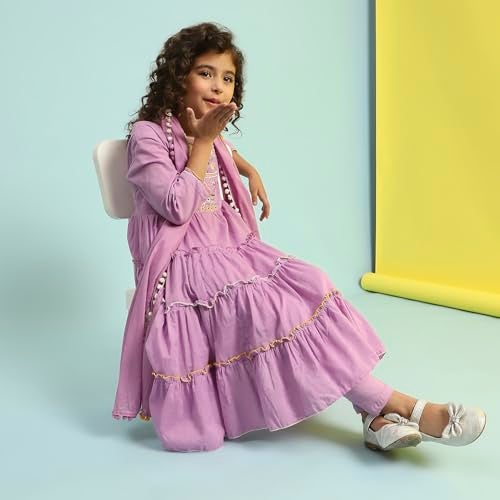 Biba Girls Violet Tiered Cotton Solid Kurta suit set - Image 2
