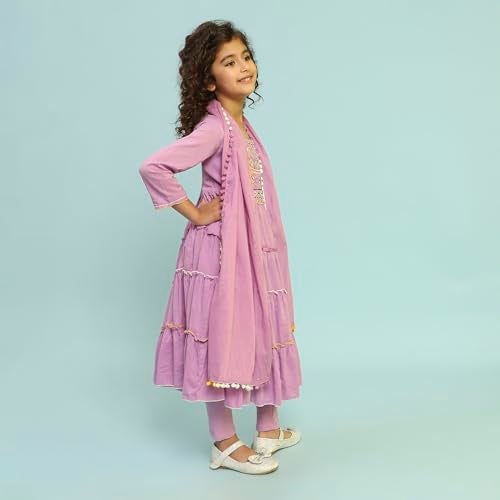 Biba Girls Violet Tiered Cotton Solid Kurta suit set - Image 4