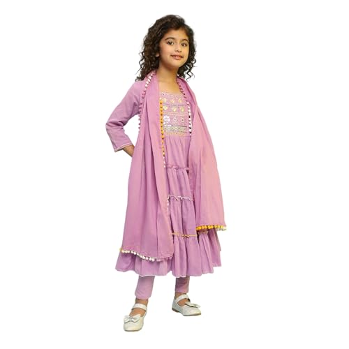 Biba Girls Violet Tiered Cotton Solid Kurta suit set - Image 1