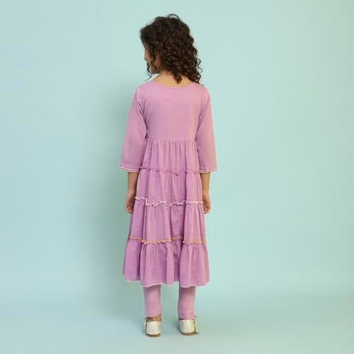 Biba Girls Violet Tiered Cotton Solid Kurta suit set - Image 5