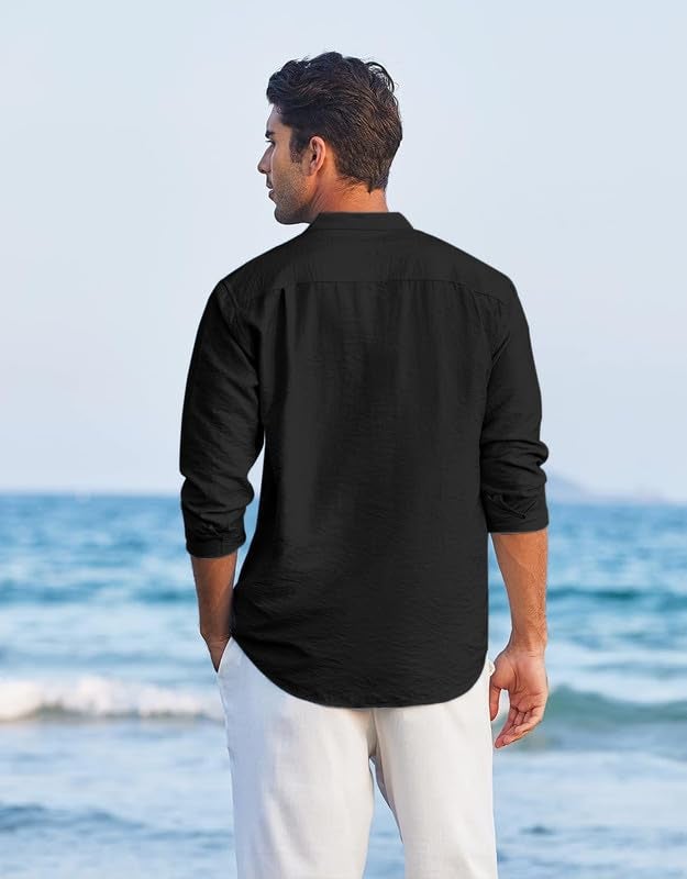 Macsivo Men's Cotton Blend Henley Short Kurta with Mandarin Collar Long Sleeeve Button Closure Curved Hem Regular Fit | Kurta for Men Stylish Black - Image 2