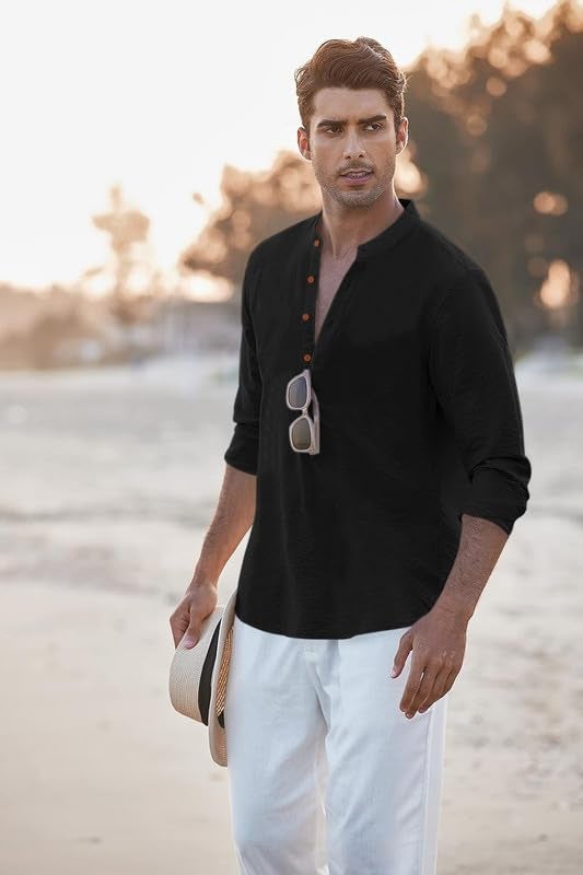 Macsivo Men's Cotton Blend Henley Short Kurta with Mandarin Collar Long Sleeeve Button Closure Curved Hem Regular Fit | Kurta for Men Stylish Black - Image 4