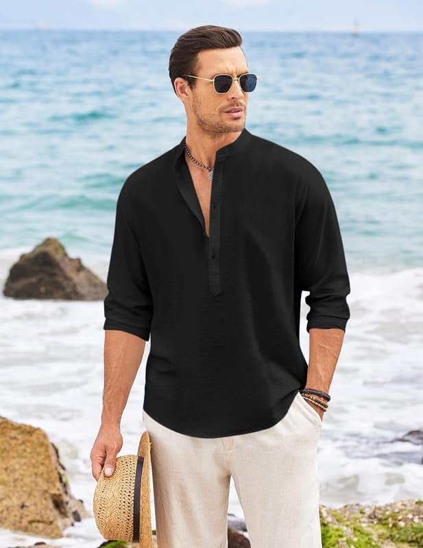 Macsivo Men's Cotton Blend Henley Short Kurta with Mandarin Collar Long Sleeeve Button Closure Curved Hem Regular Fit | Kurta for Men Stylish Black - Image 3