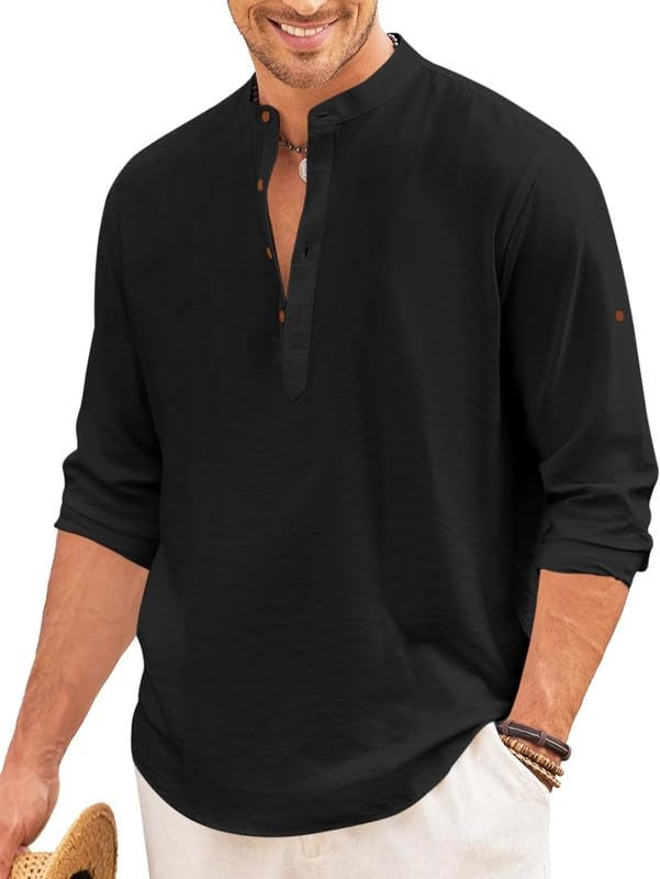 Macsivo Men's Cotton Blend Henley Short Kurta with Mandarin Collar Long Sleeeve Button Closure Curved Hem Regular Fit | Kurta for Men Stylish Black - Image 1