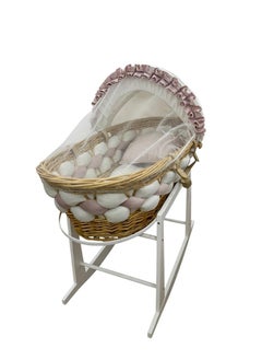 Star Kids Elegant Baby Crib (Moses Basket) Pink and White with Rocking Wooden Base, Mattress and Mosquito Net  - Image 1