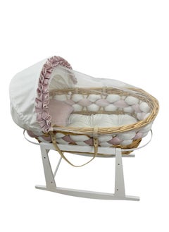 Star Kids Elegant Baby Crib (Moses Basket) Pink and White with Rocking Wooden Base, Mattress and Mosquito Net  - Image 2