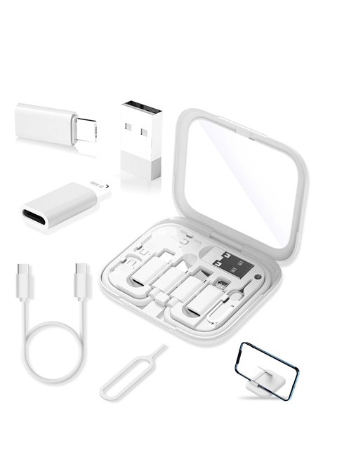USB Adapter Kit, USB-C to USB Adapter, USB C to Lighting Adapter Box, Multi-Type Charging Cable Case for Traveling, OTG Adapters for iPhone 14/15, Google Pixel (White)