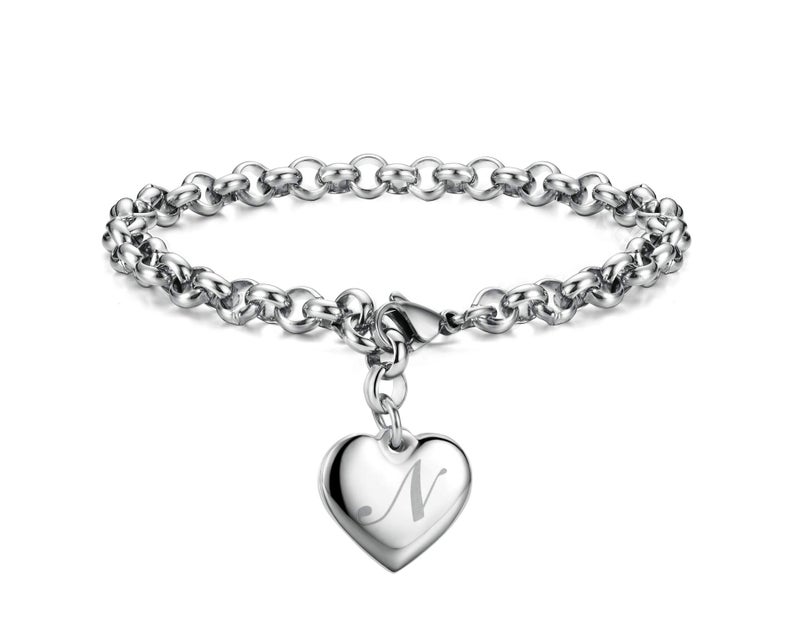 Monily Initial Charm Bracelets for Women Stainless Steel Letters N Alphabet Heart Bracelet Jewelry Gifts for Women - Image 1