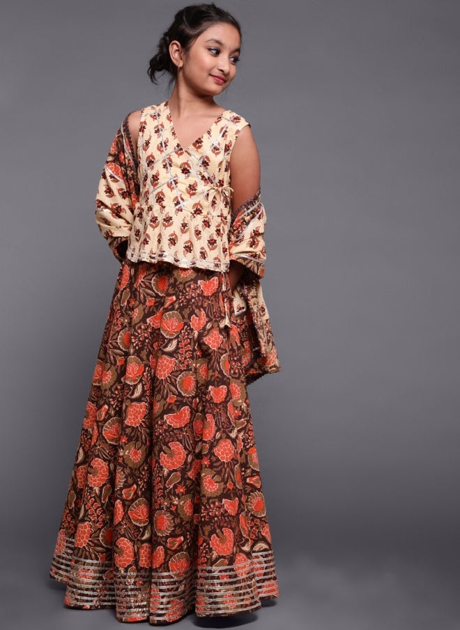 AKS Brown and Cream Printed Lehenga Choli for Girls - Image 1