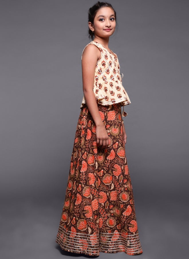 AKS Brown and Cream Printed Lehenga Choli for Girls - Image 5