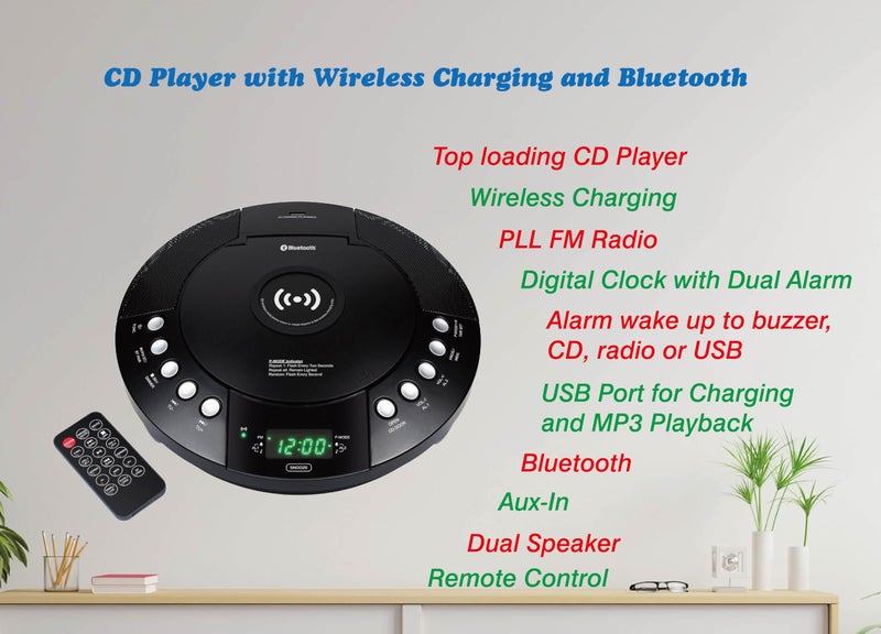 HANNLOMAX HX-329CD CD Player with Wireless Charging, FM Radio, Bluetooth, Digital Clock with Dual Alarm, Green LED Display, USB Port for Charging/MP3 Playback, Aux-in, Remote Control. - Image 2