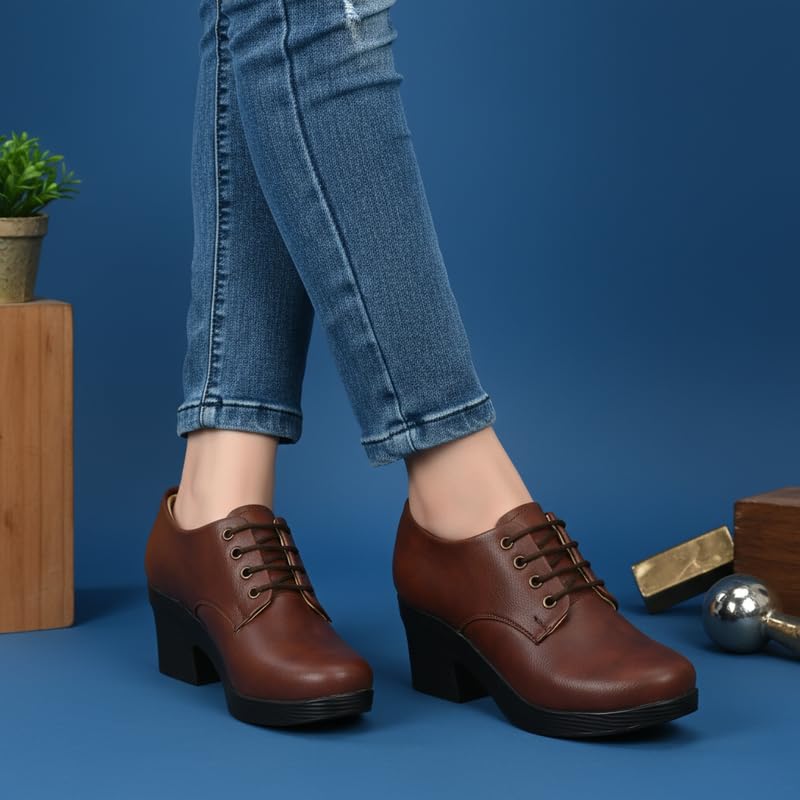 Karaddi Women's Formal Shoes | Lace up for Women Brown | Block Heel Derby Shoes Color Brown Size 8 UK/ind - Image 2