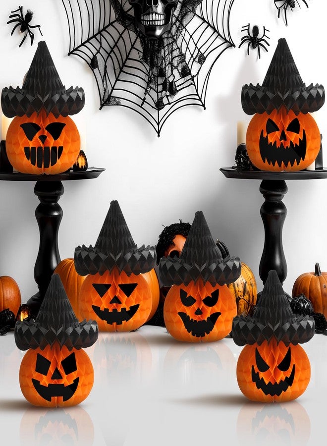 Fourluoo 6 Pcs Large Halloween Pumpkin Witch Hat Honeycomb Centerpieces 9.84 x 11 Inch Thanksgiving Paper Honeycomb Decorations 3D Table Decor for Fall Tailgate Party - Image 1