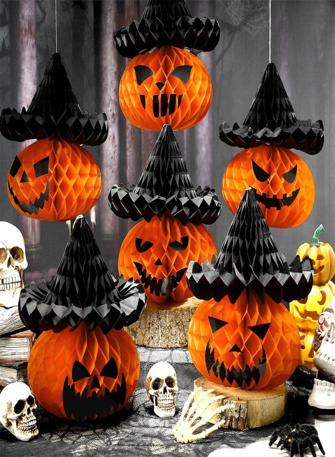 Fourluoo 6 Pcs Large Halloween Pumpkin Witch Hat Honeycomb Centerpieces 9.84 x 11 Inch Thanksgiving Paper Honeycomb Decorations 3D Table Decor for Fall Tailgate Party - Image 4