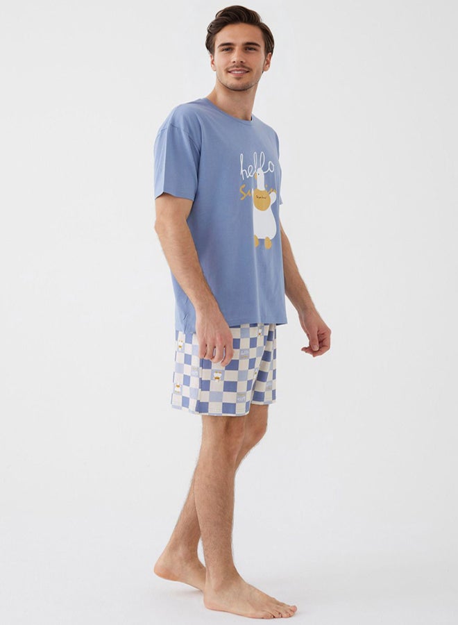 trendyol Blue Regular Fit Duck Pattern Knitted Pajamas Set - Image 2