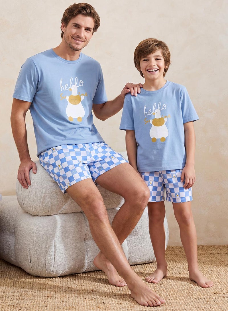 trendyol Blue Regular Fit Duck Pattern Knitted Pajamas Set - Image 1