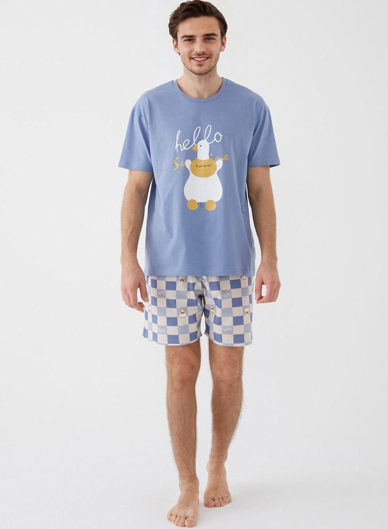 trendyol Blue Regular Fit Duck Pattern Knitted Pajamas Set - Image 2