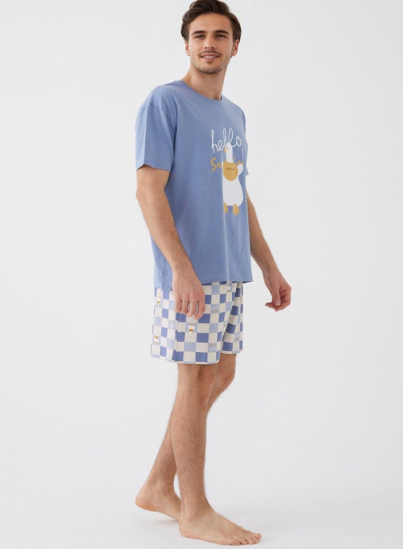 trendyol Blue Regular Fit Duck Pattern Knitted Pajamas Set - Image 3