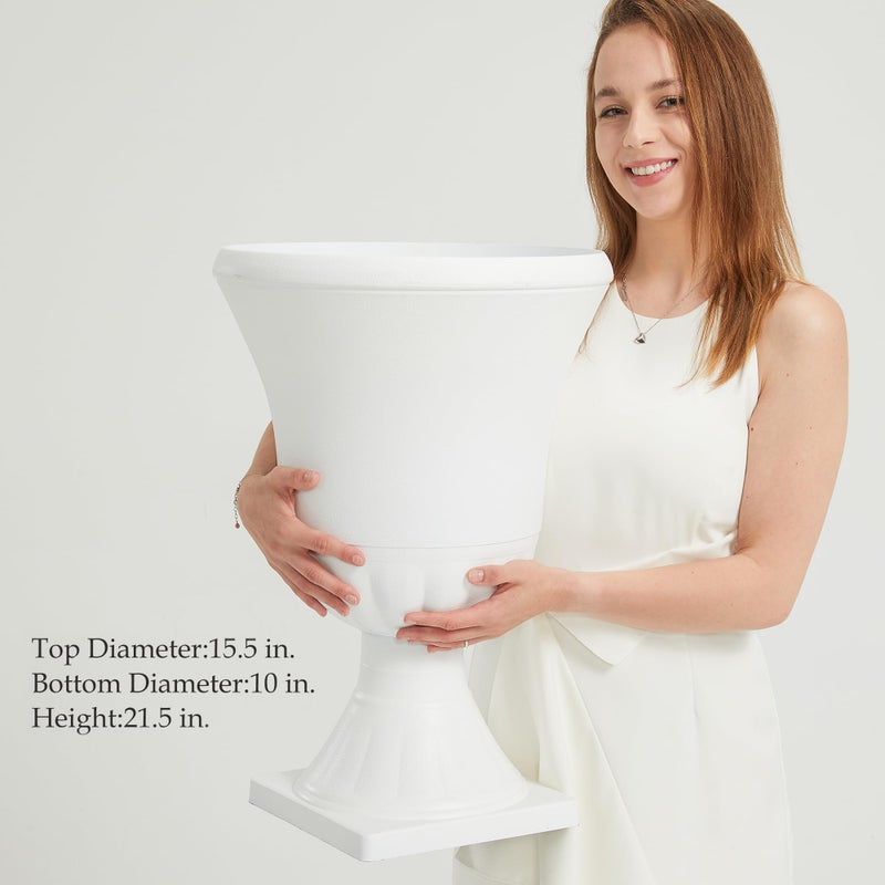 Worth Garden 2-Pack Plastic Urn Planters - 22'' Tall Round Classic Resin Flower Pots Pure White Traditional Large Plant Pots for Front Porch Patio Deck Wedding Decoration Pot - Indoor & Outdoor - Image 2