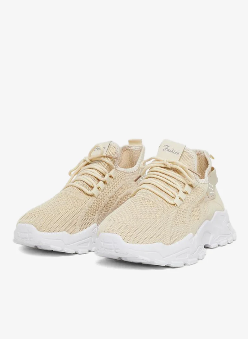 Take Two Styli Beige Texture Lace Up Chunky Sneakers