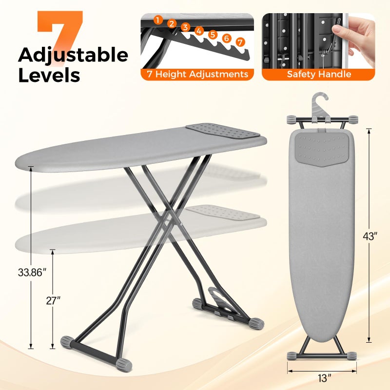 APEXCHASER Ironing Board, Compact Iron Board with Silicon Mat, Foldable Ironing Board with Heat Resistant Cover, 7 Height Adjustable, Space Saver Iron Board,13x43 Solid Grey - Image 2