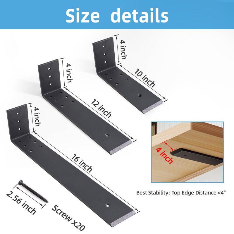WEKIS 10 Inch Countertop Support Bracket, 3 Pack Solid Iron Steel Heavy Duty Hidden Floating L Shelf Brackets 1/4 Inch Thick, Shelving Support Metal Hardware for Mantel Granite Countertop - Image 4