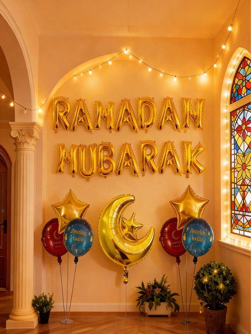 Ramadan Mubarak Foil Balloon Decoration Set With Crescent And Stars 21 Pieces - Image 2