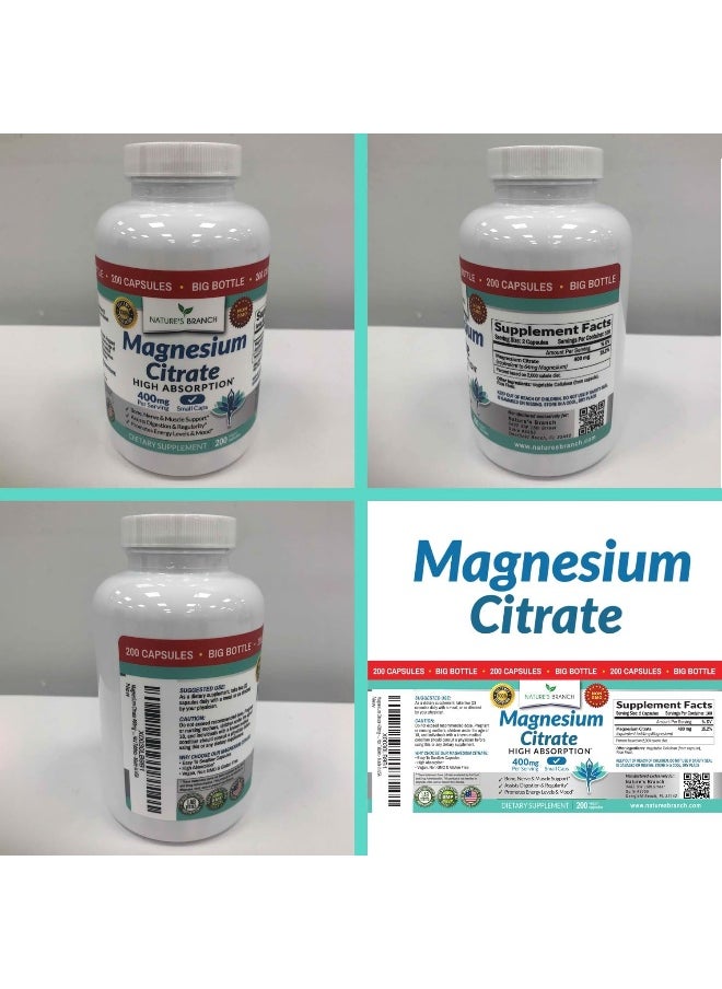 Nature's Branch - Magnesium Citrate 400mg - 200 Capsules - High Potency for Sleep, Leg Cramps, Extra Strength Absorption, Easy to Swallow Pills for Women & Men, Vegan Supplement Not Tablets - Made in USA - Image 1