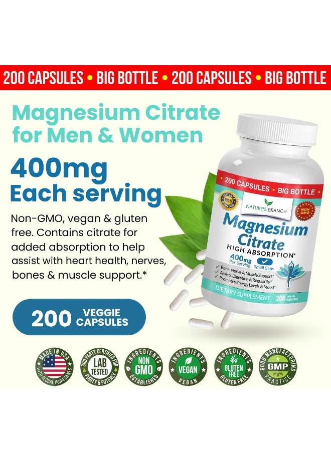 Nature's Branch - Magnesium Citrate 400mg - 200 Capsules - High Potency for Sleep, Leg Cramps, Extra Strength Absorption, Easy to Swallow Pills for Women & Men, Vegan Supplement Not Tablets - Made in USA - Image 1